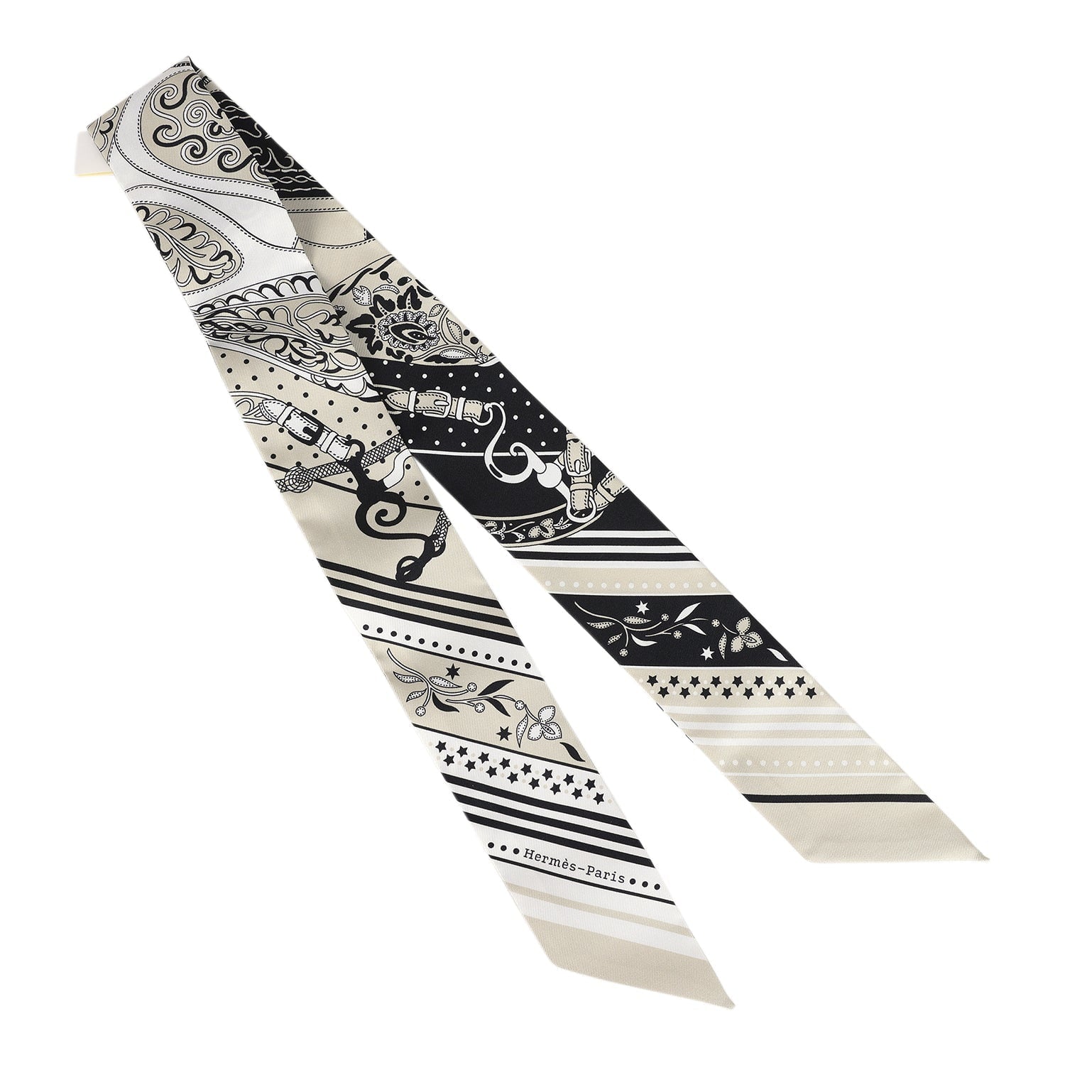 Hermes 'Festival Des Amazones' Blanc, Black and Grege Multi Silk Twilly Pair - Exclusu