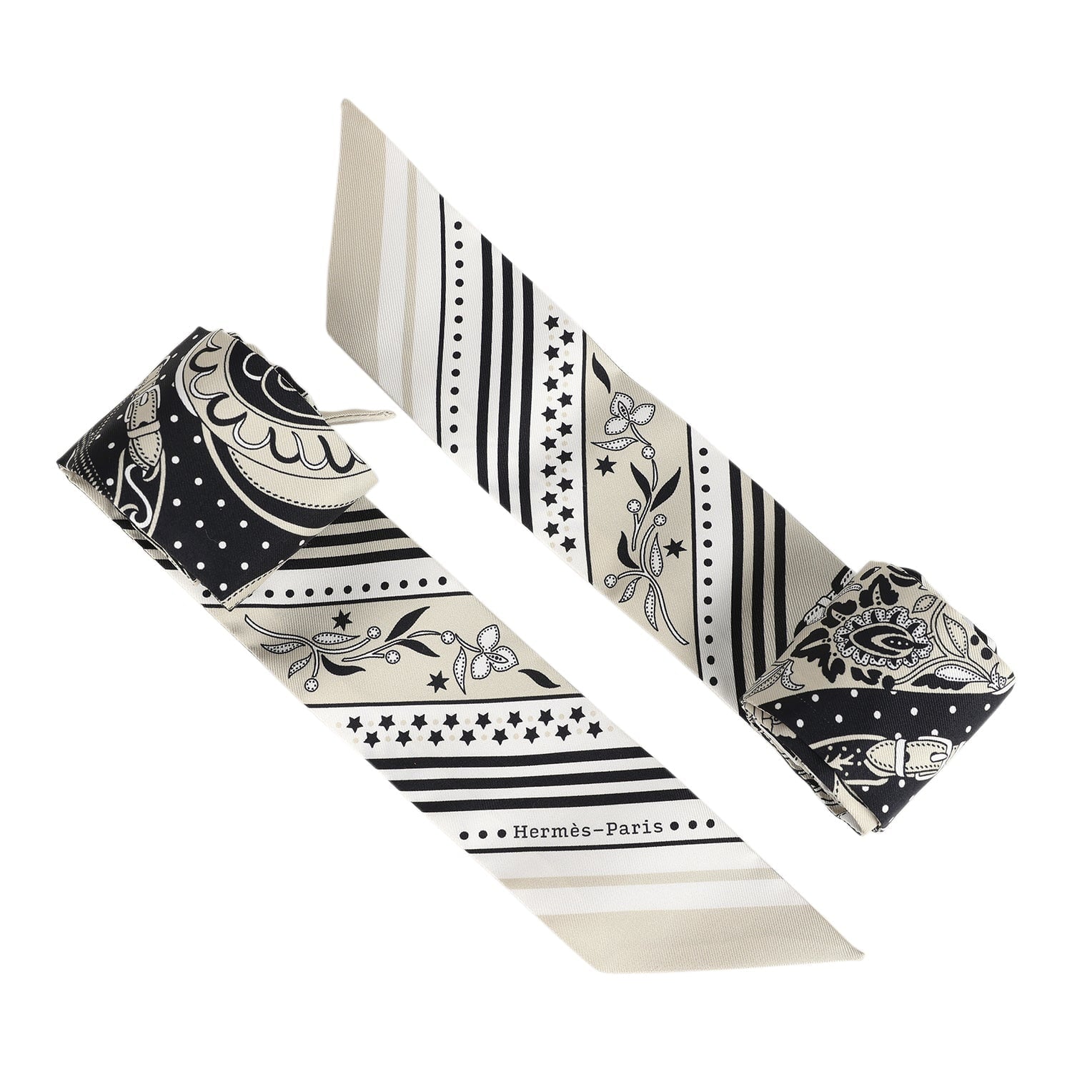 Hermes 'Festival Des Amazones' Blanc, Black and Grege Multi Silk Twilly Pair - Exclusu