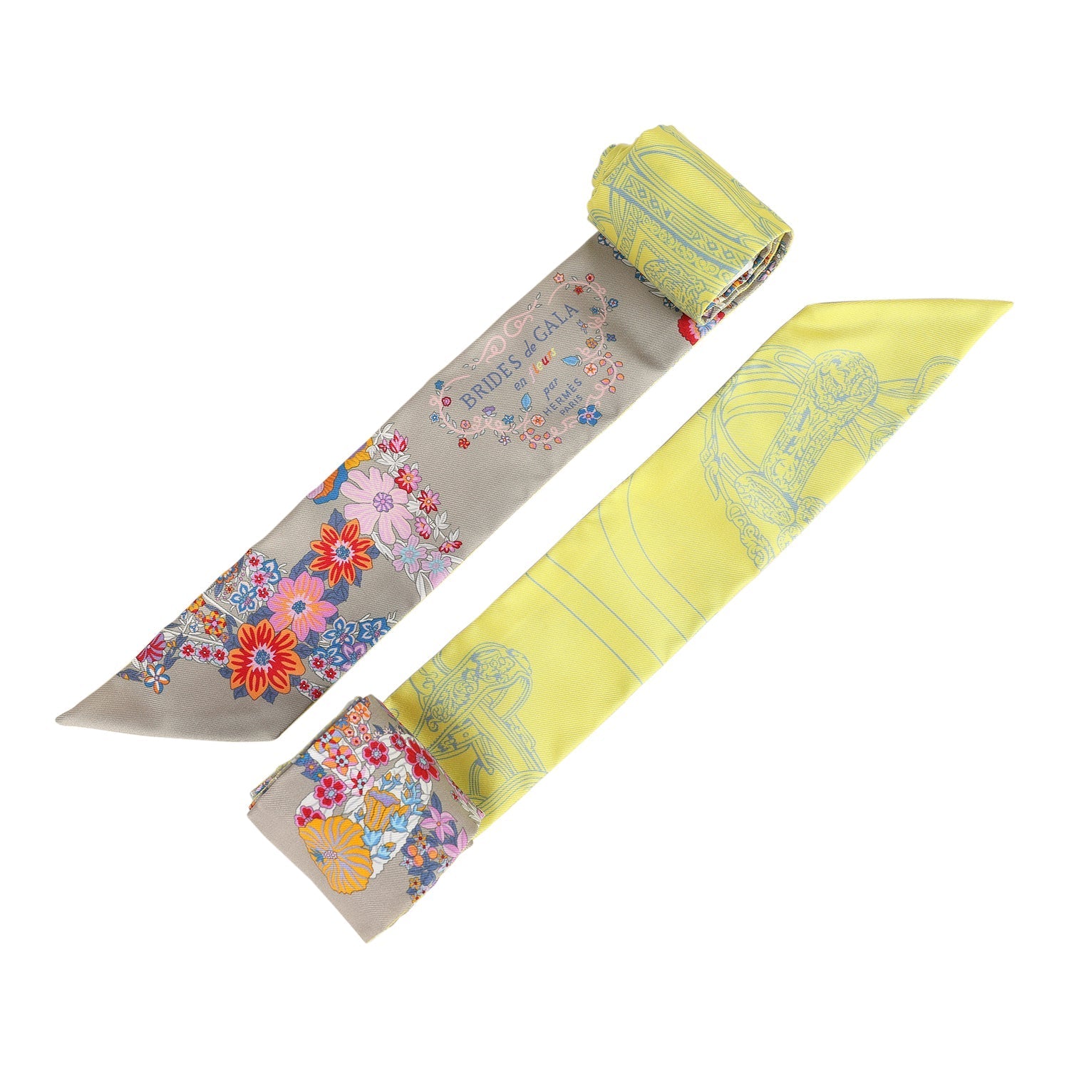 Hermes 'Brides de Gala En Fleur' Mastic and Jaune Vif Multi Silk Twilly Pair - Exclusu
