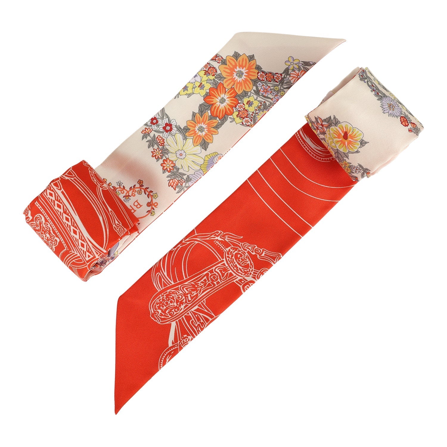 Hermes 'Brides de Gala En Fleur' Vanille, Orange and Kaki Multi Silk Twilly Pair - Exclusu