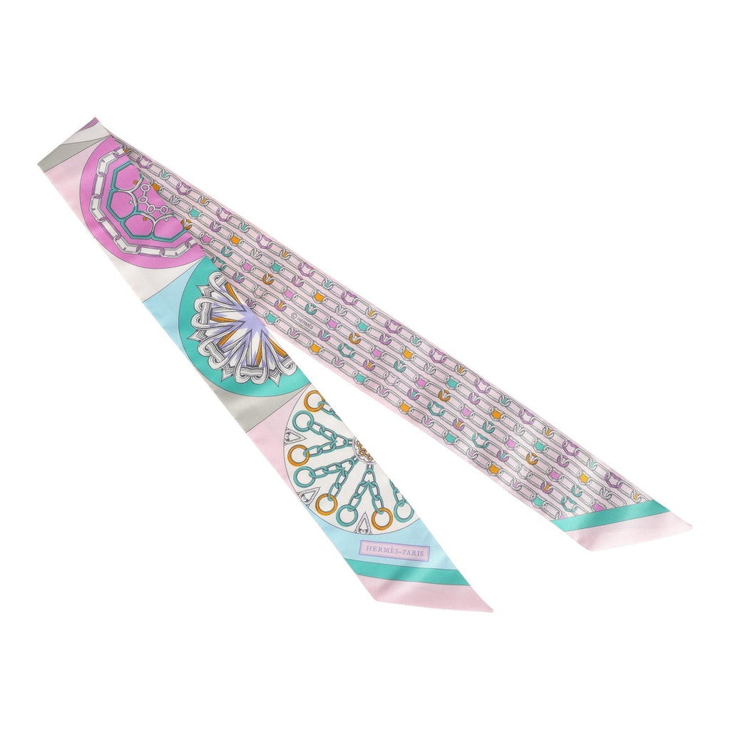 Hermes 'L' Effet Kaleidoscope' Rose, Turquoise Multi Silk Twilly Pair - Exclusu