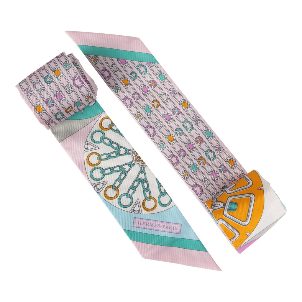Hermes 'L' Effet Kaleidoscope' Rose, Turquoise Multi Silk Twilly Pair - Exclusu