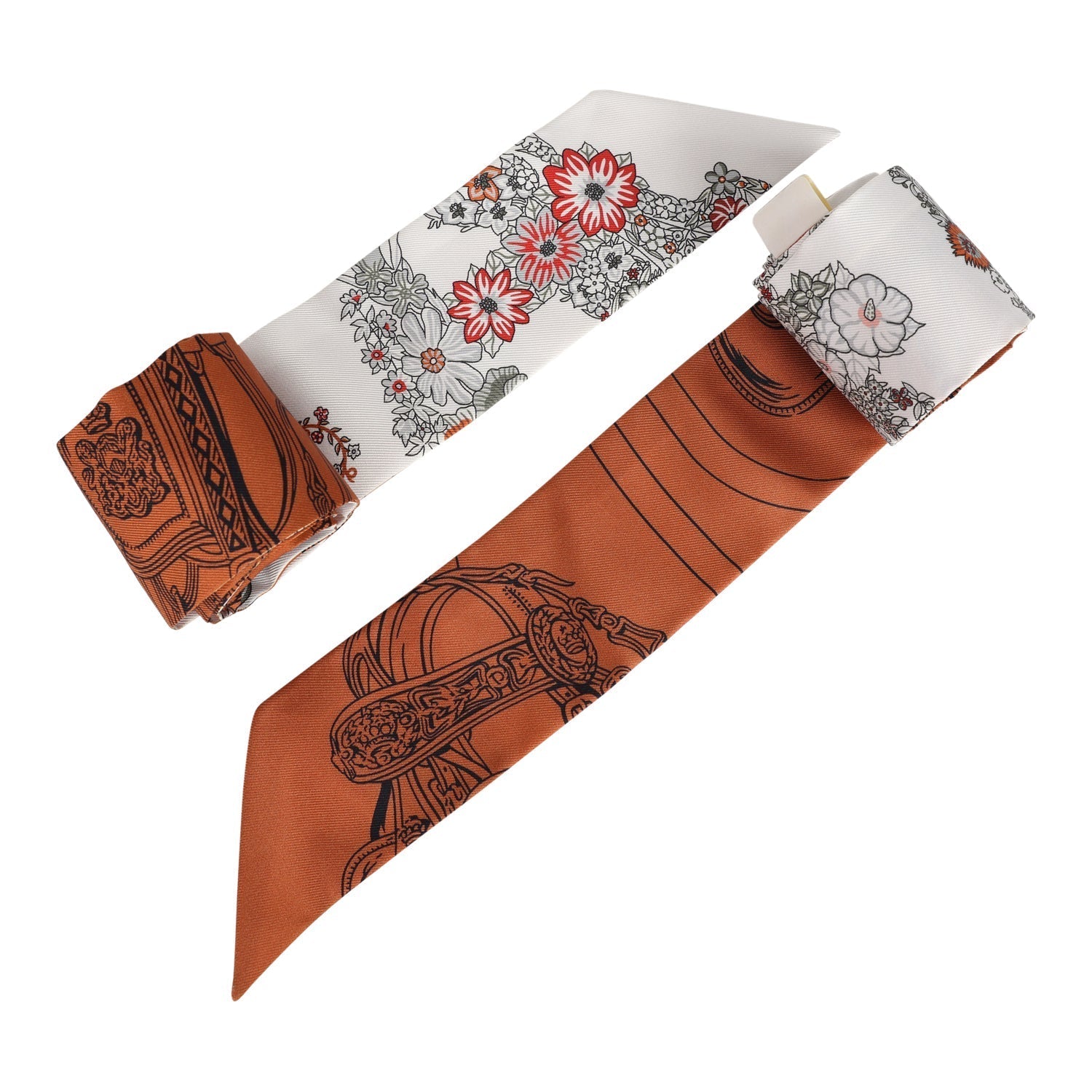 Hermes 'Brides de Gala En Fleur' Cuir Multi Silk Twilly Pair - Exclusu