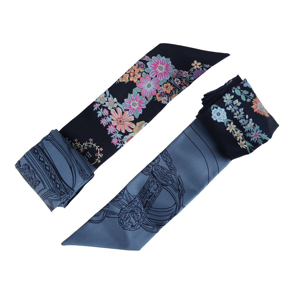 Hermes 'Brides de Gala En Fleur' Marine, Blue Jean and Rose Multi Silk Twilly Pair - Exclusu