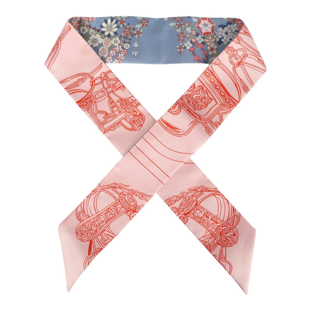 Hermes 'Brides de Gala En Fleur' Saumon, Blue Jean and Rose Multi Silk Twilly Pair - Exclusu
