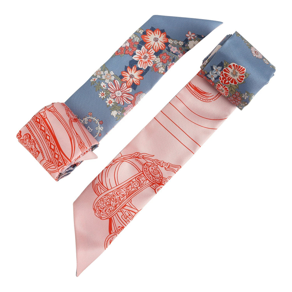 Hermes 'Brides de Gala En Fleur' Saumon, Blue Jean and Rose Multi Silk Twilly Pair - Exclusu