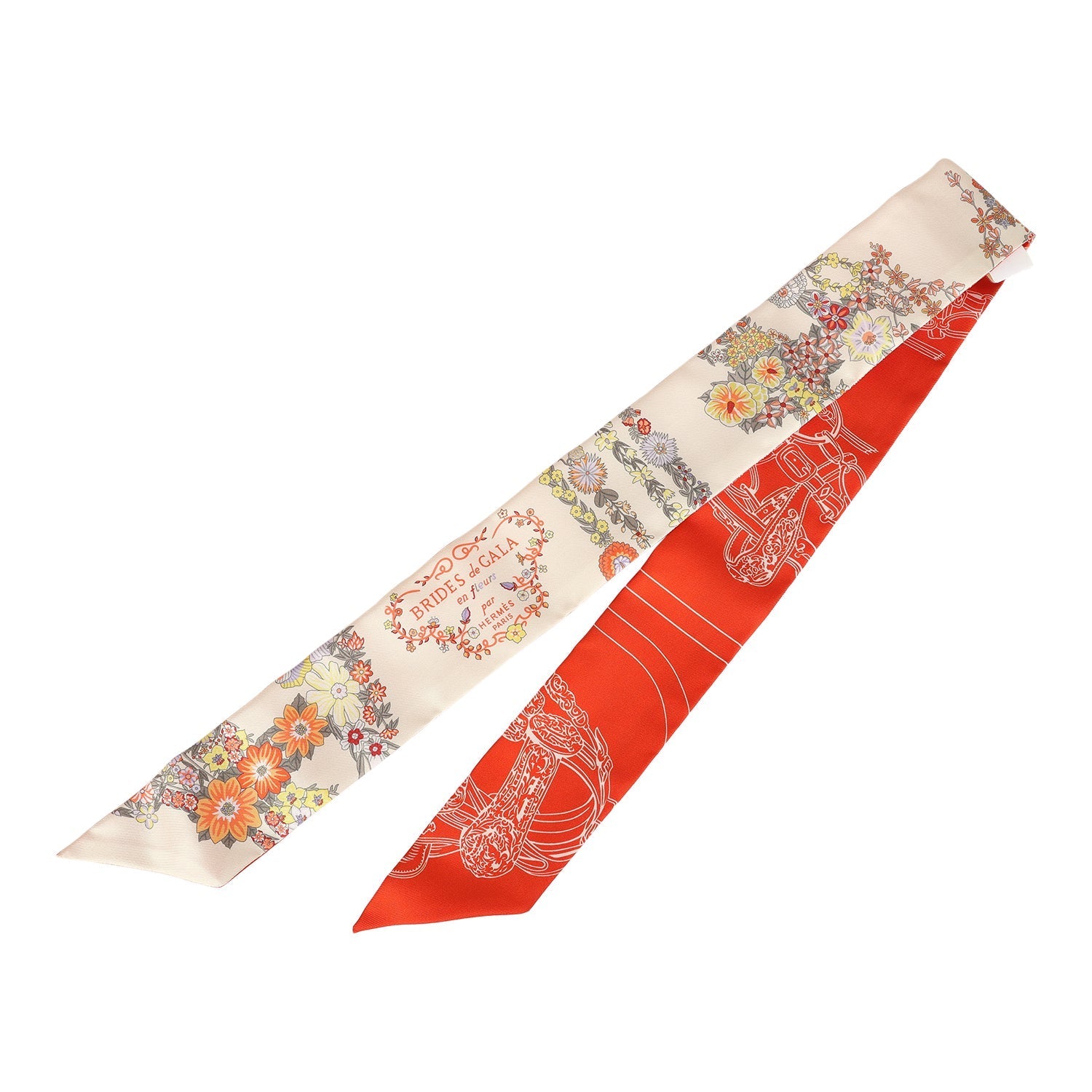 Hermes 'Brides de Gala En Fleur' Vanille, Orange and Kaki Multi Silk Twilly - Exclusu