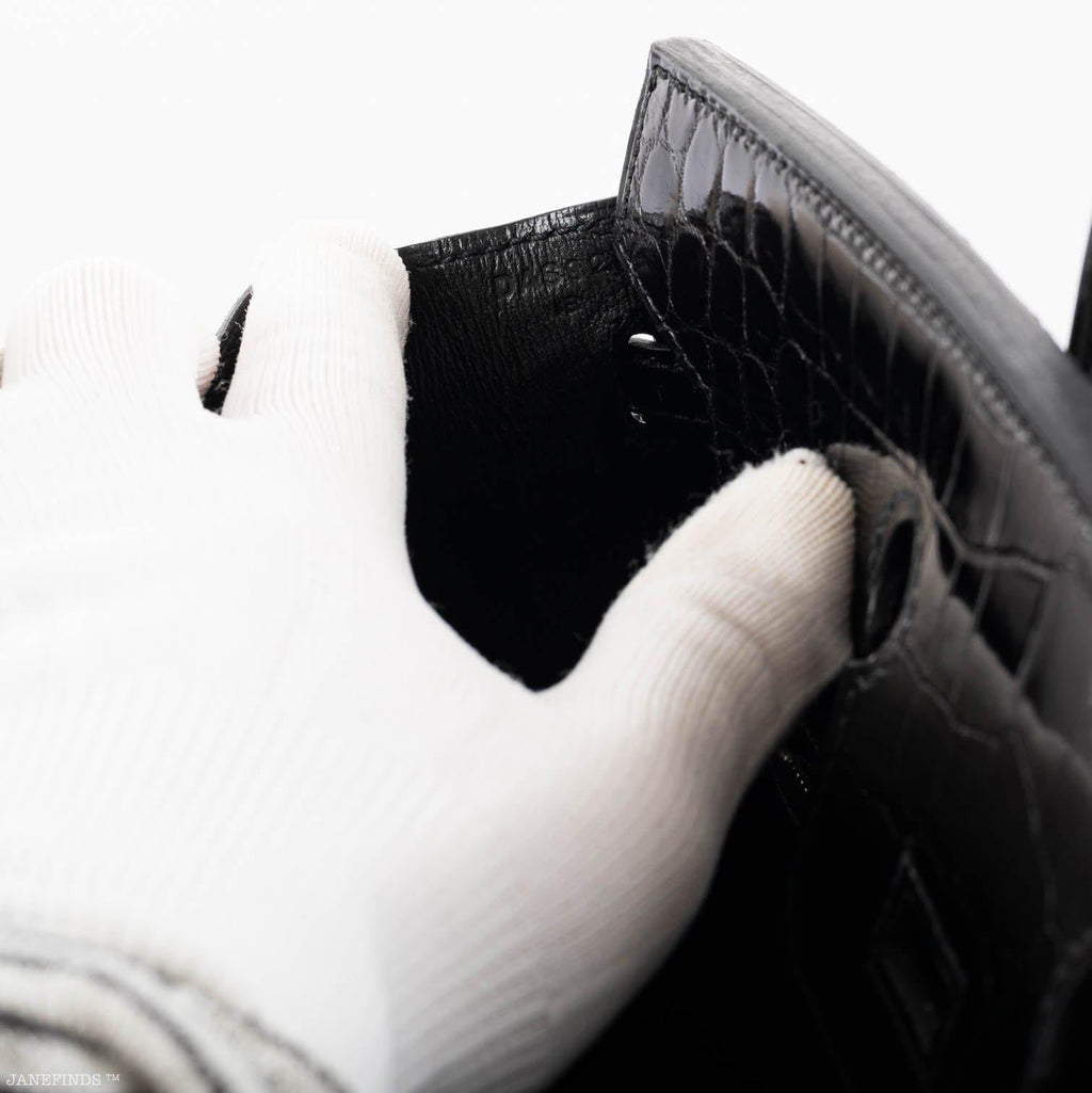 Hermes Birkin 25 Shiny Black Niloticus Crocodile with Palladium Hardware - 2019, D - Exclusu