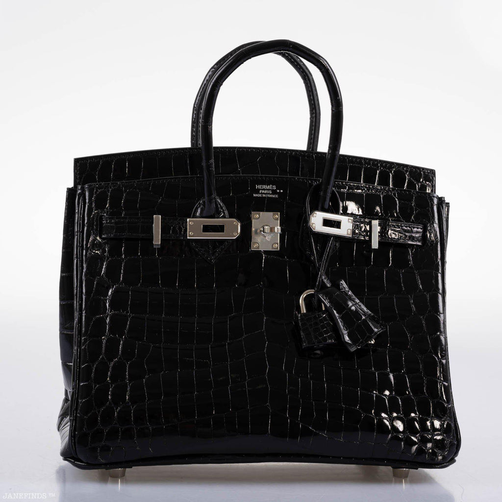 Hermes Birkin 25 Shiny Black Niloticus Crocodile with Palladium Hardware - 2019, D - Exclusu