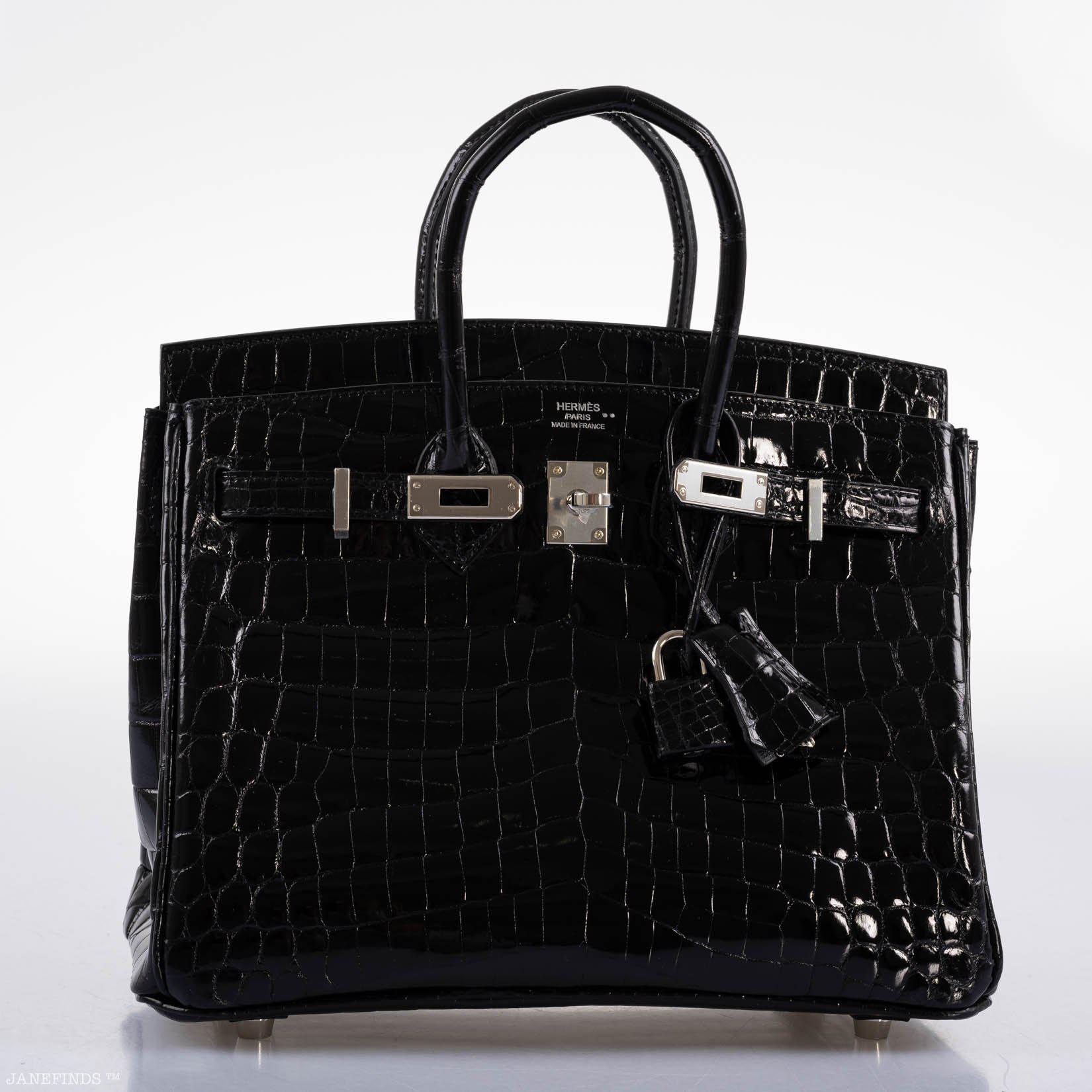 Hermes Birkin 25 Shiny Black Niloticus Crocodile with Palladium Hardware - 2019, D - Exclusu