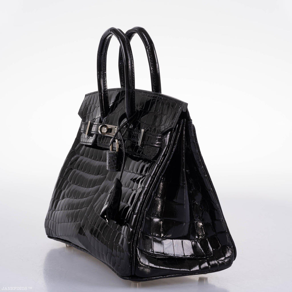 Hermes Birkin 25 Shiny Black Niloticus Crocodile with Palladium Hardware - 2019, D - Exclusu