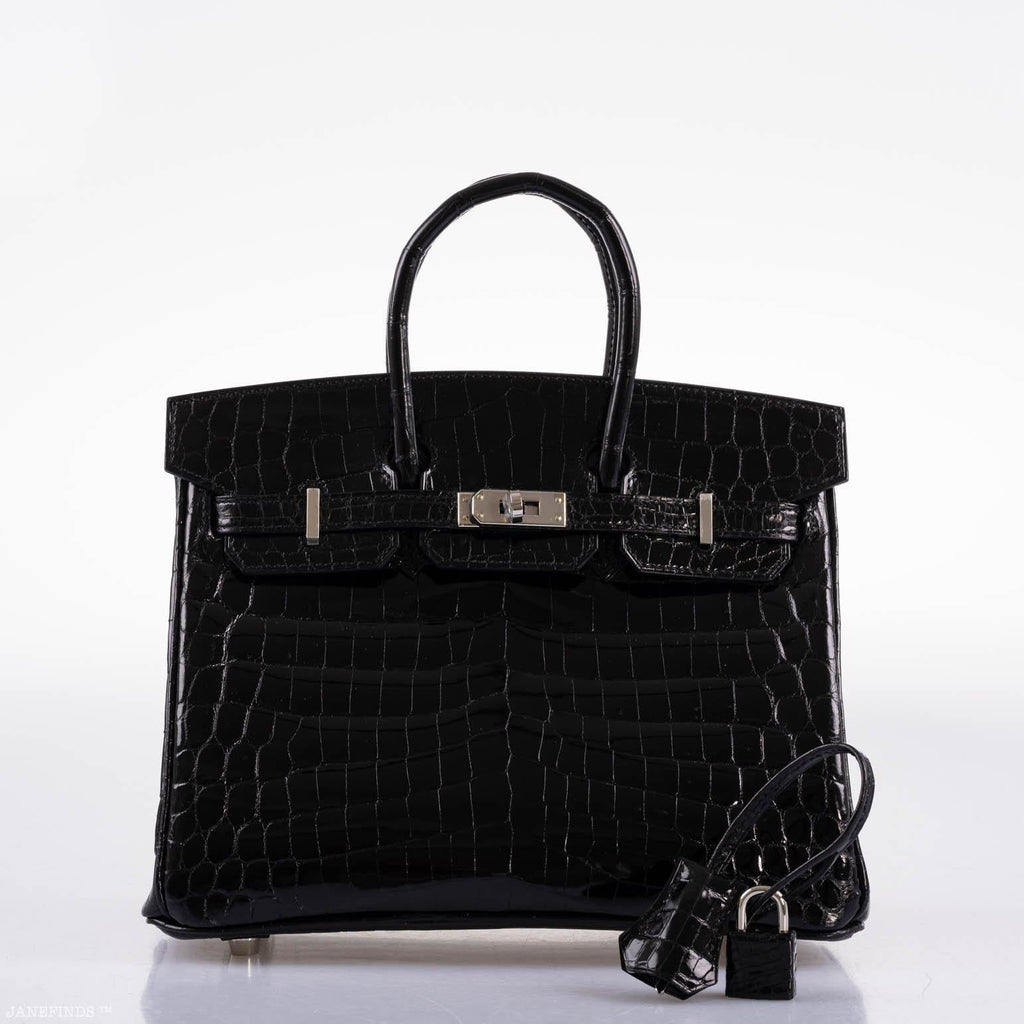 Hermes Birkin 25 Shiny Black Niloticus Crocodile with Palladium Hardware - 2019, D - Exclusu