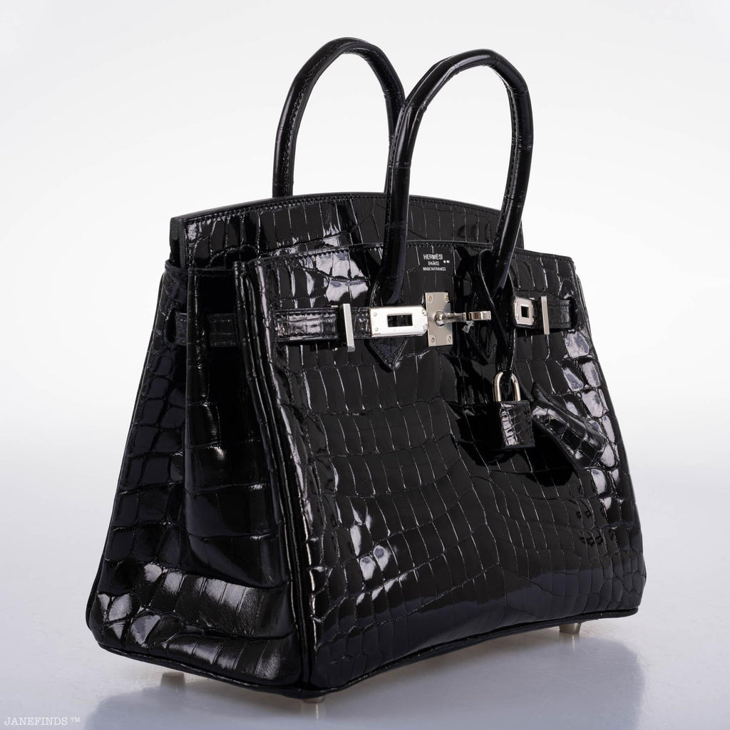 Hermes Birkin 25 Shiny Black Niloticus Crocodile with Palladium Hardware - 2019, D - Exclusu
