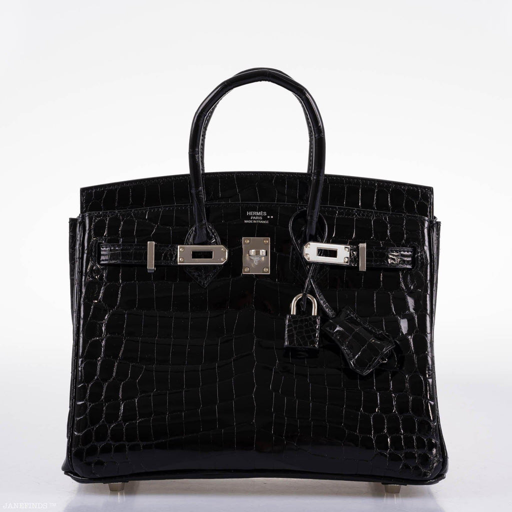 Hermes Birkin 25 Shiny Black Niloticus Crocodile with Palladium Hardware - 2019, D - Exclusu