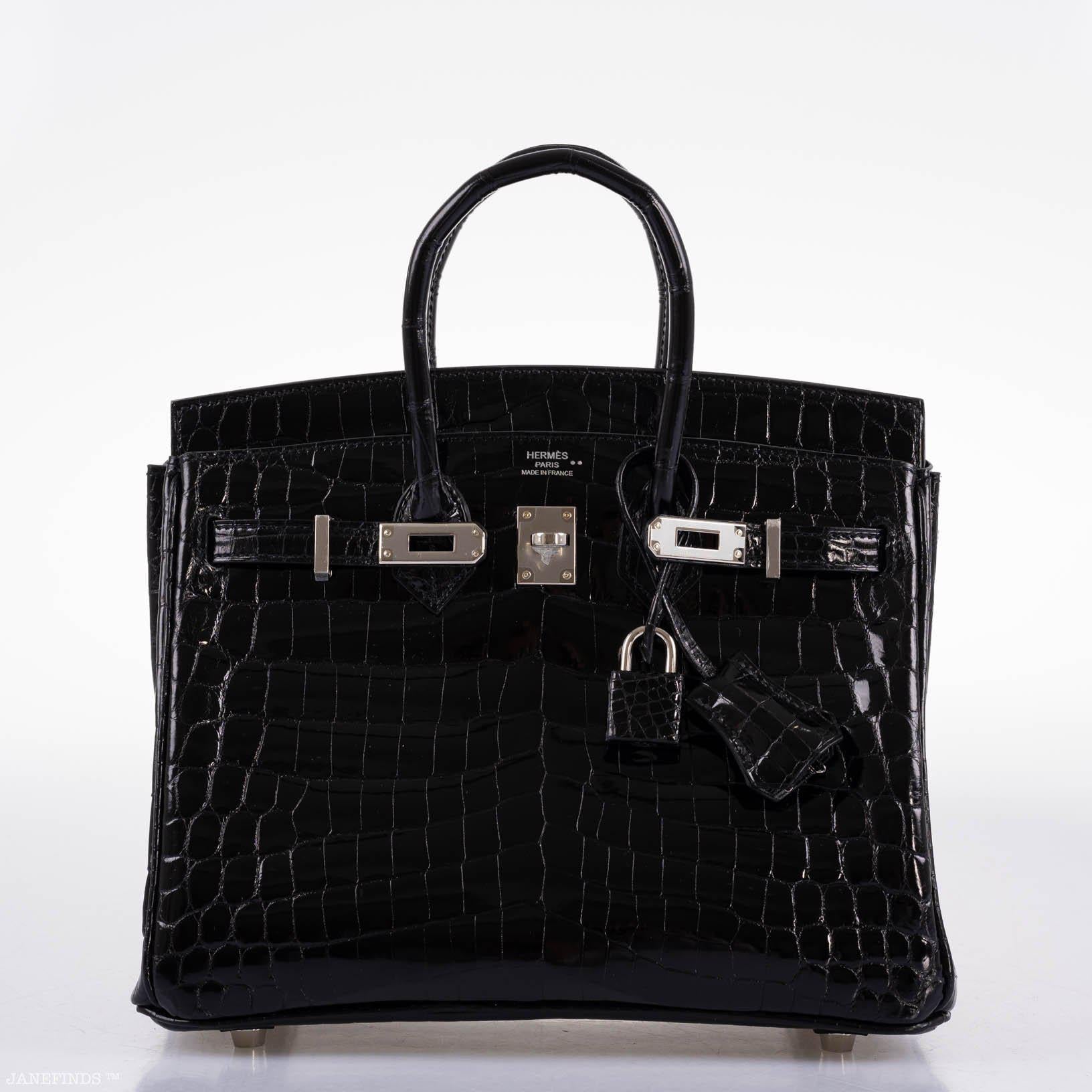 Hermes Birkin 25 Shiny Black Niloticus Crocodile with Palladium Hardware - 2019, D - Exclusu
