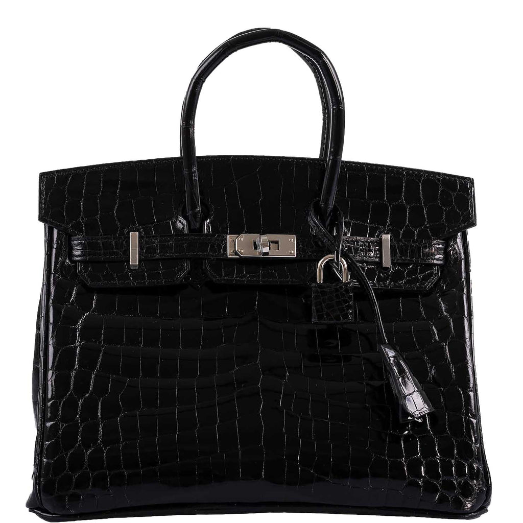 Hermes Birkin 25 Shiny Black Niloticus Crocodile with Palladium Hardware - 2019, D - Exclusu