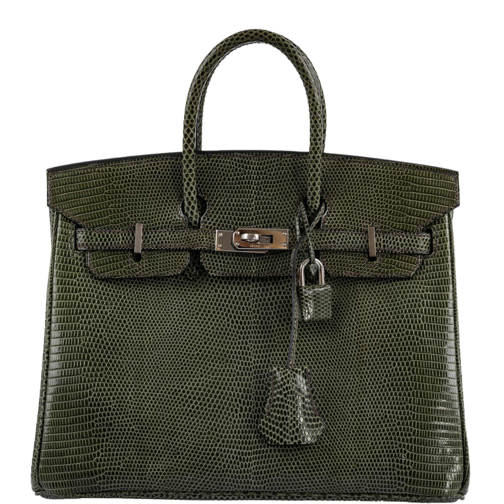Hermes Birkin 25 Vert Olive Salvator Lizard with Palladium Hardware - 2008, L Square - Exclusu