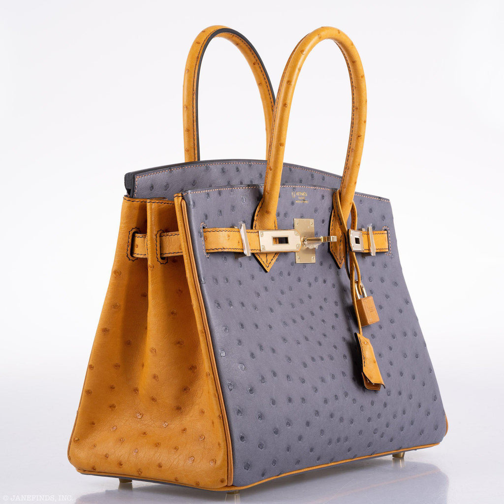 Hermes Birkin 30 HSS Gris Agate & Saffron Ostrich Gold Hardware - 2020, Y - Exclusu