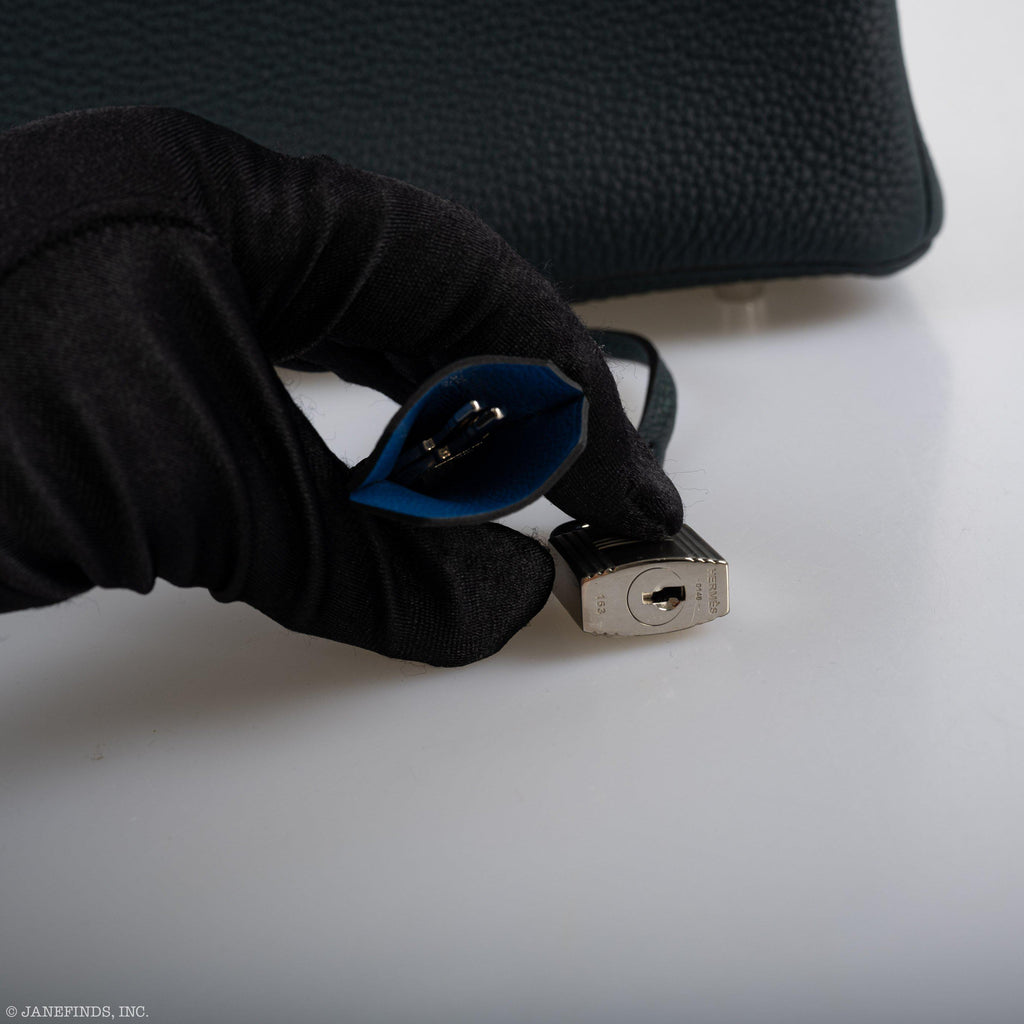 Hermes Birkin 30 Officier Vert Cyprès Togo & Bleu Zellige Stripe & Lining Palladium Hardware - 2018, C - Exclusu