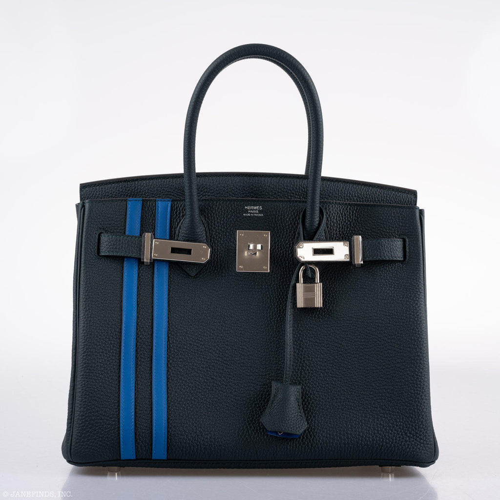 Hermes Birkin 30 Officier Vert Cyprès Togo & Bleu Zellige Stripe & Lining Palladium Hardware - 2018, C - Exclusu