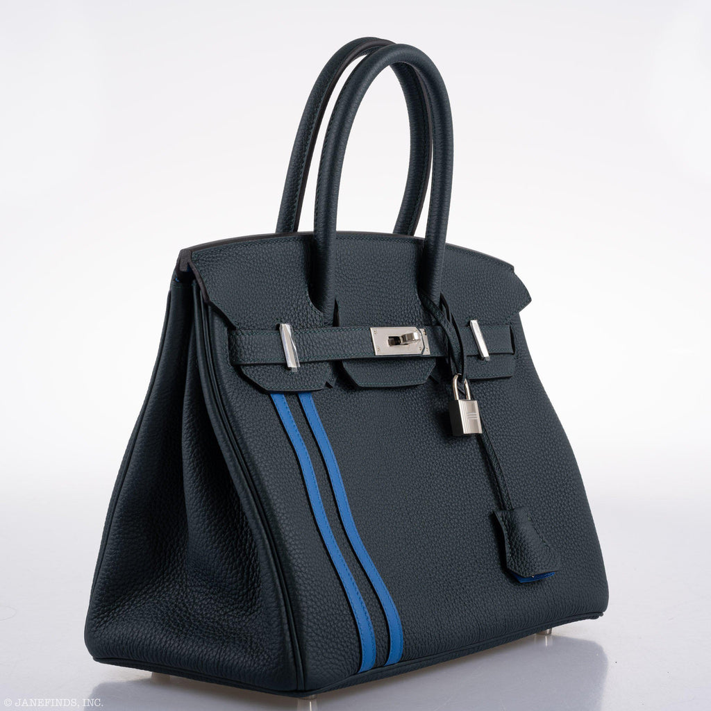 Hermes Birkin 30 Officier Vert Cyprès Togo & Bleu Zellige Stripe & Lining Palladium Hardware - 2018, C - Exclusu