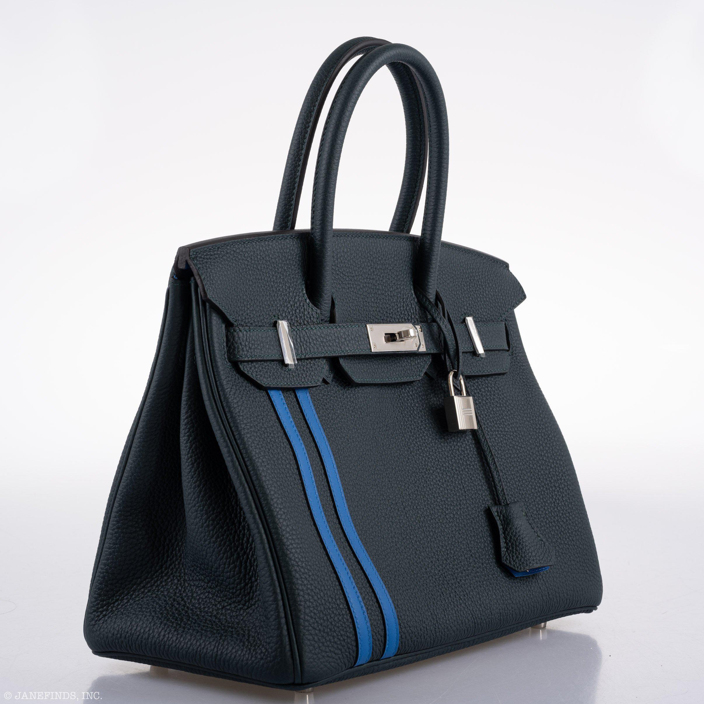 Hermes Birkin 30 Officier Vert Cyprès Togo & Bleu Zellige Stripe & Lining Palladium Hardware - 2018, C - Exclusu