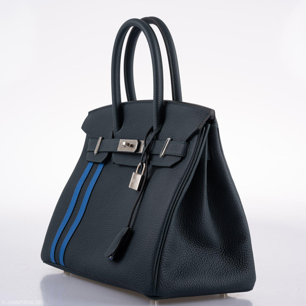 Hermes Birkin 30 Officier Vert Cyprès Togo & Bleu Zellige Stripe & Lining Palladium Hardware - 2018, C - Exclusu