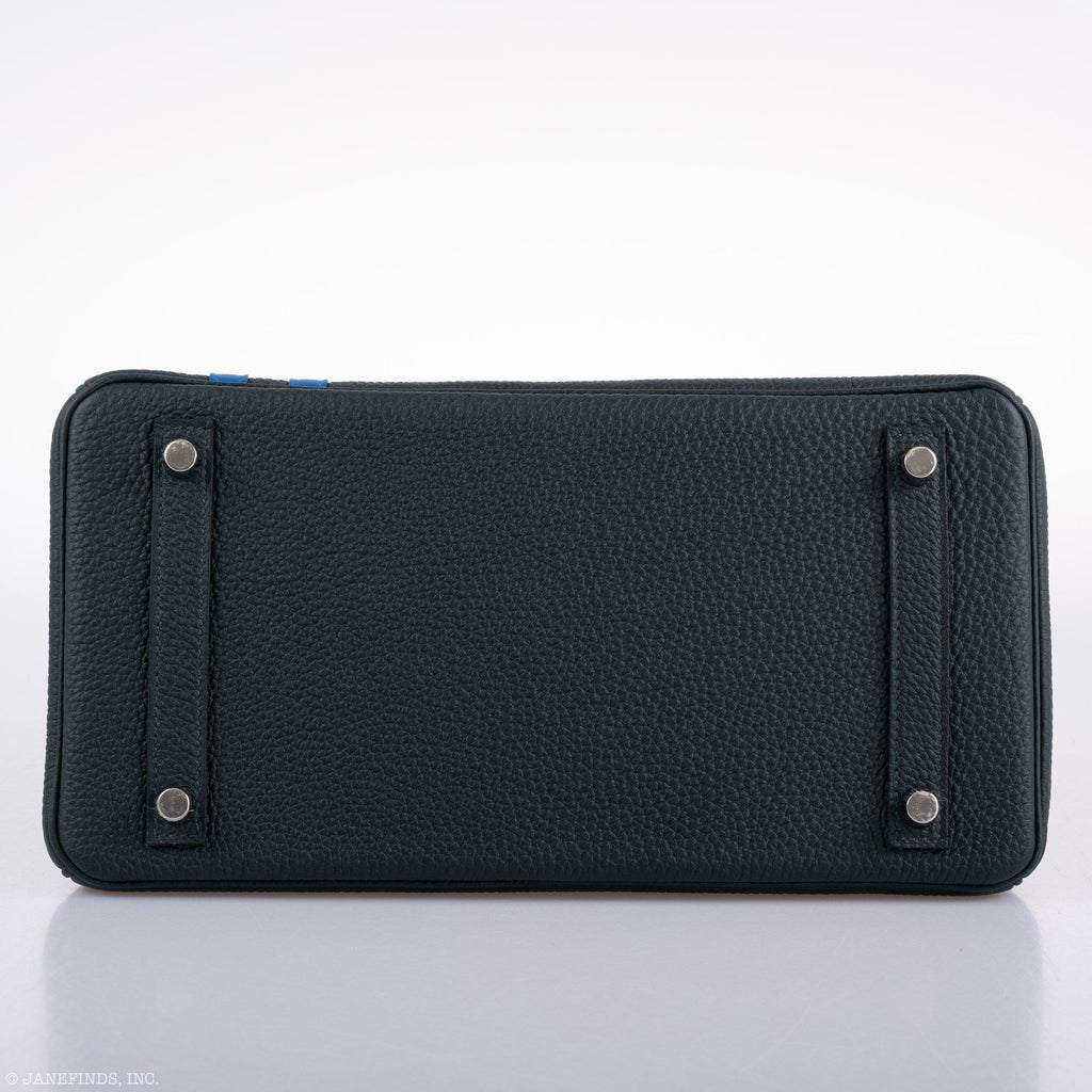 Hermes Birkin 30 Officier Vert Cyprès Togo & Bleu Zellige Stripe & Lining Palladium Hardware - 2018, C - Exclusu