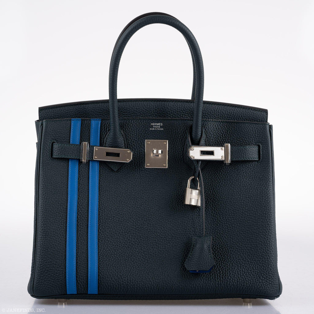 Hermes Birkin 30 Officier Vert Cyprès Togo & Bleu Zellige Stripe & Lining Palladium Hardware - 2018, C - Exclusu