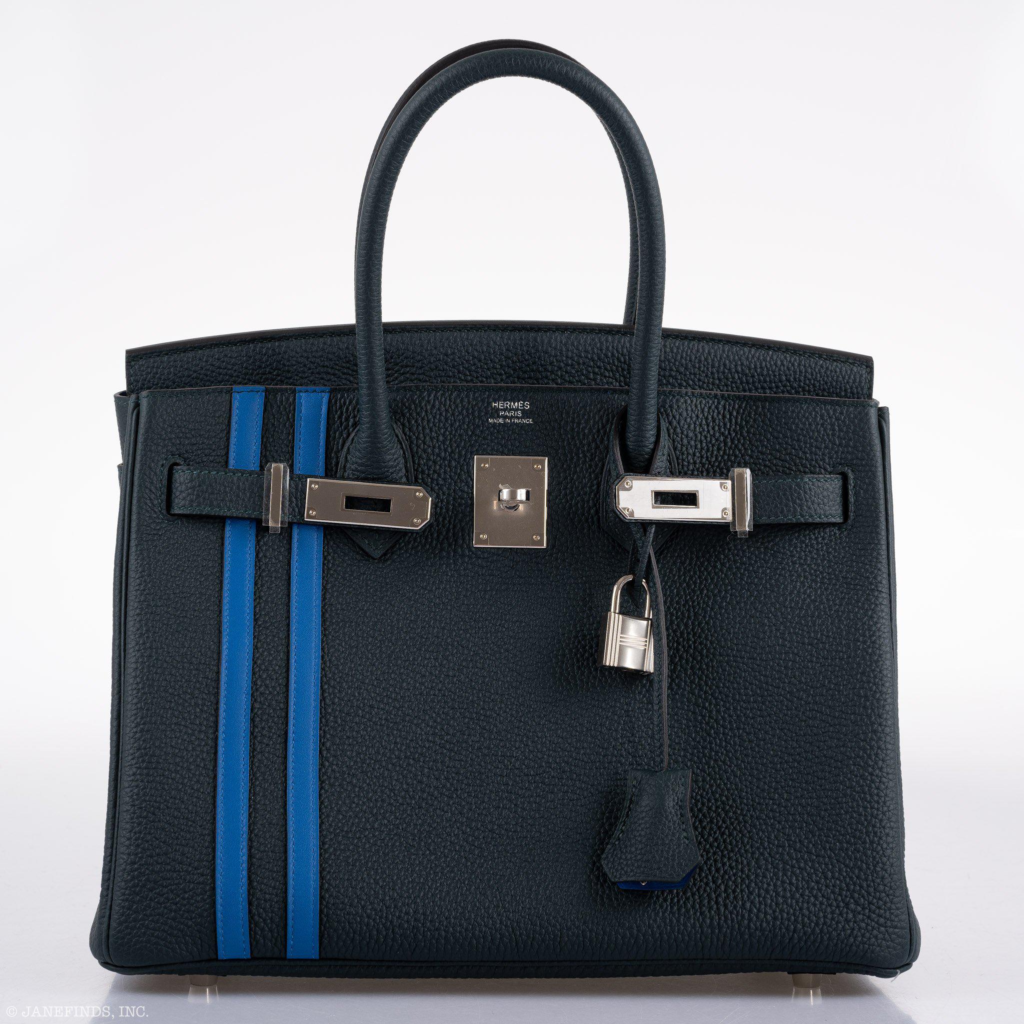 Hermes Birkin 30 Officier Vert Cyprès Togo & Bleu Zellige Stripe & Lining Palladium Hardware - 2018, C - Exclusu