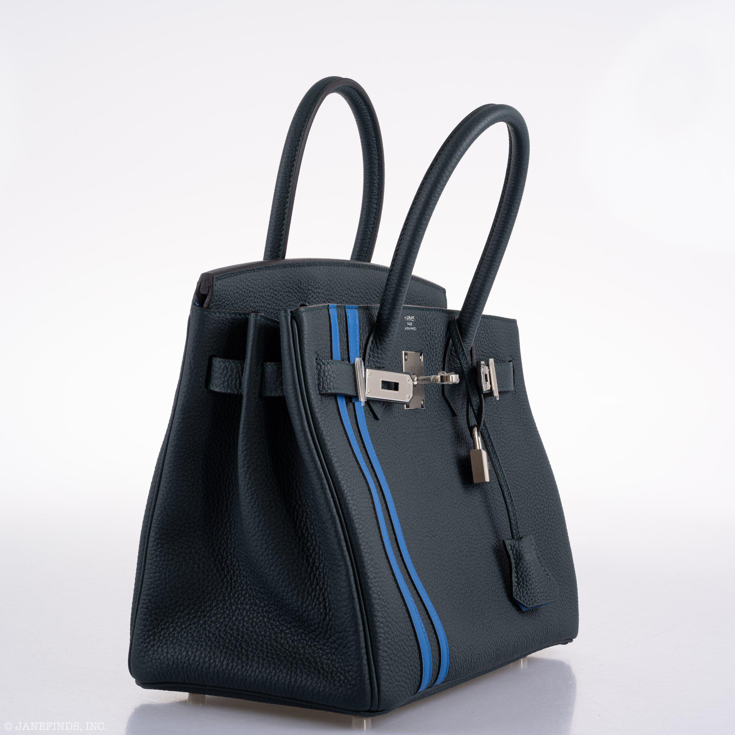 Hermes Birkin 30 Officier Vert Cyprès Togo & Bleu Zellige Stripe & Lining Palladium Hardware - 2018, C - Exclusu