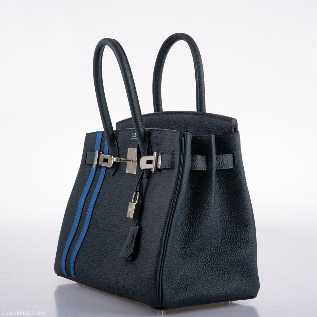 Hermes Birkin 30 Officier Vert Cyprès Togo & Bleu Zellige Stripe & Lining Palladium Hardware - 2018, C - Exclusu