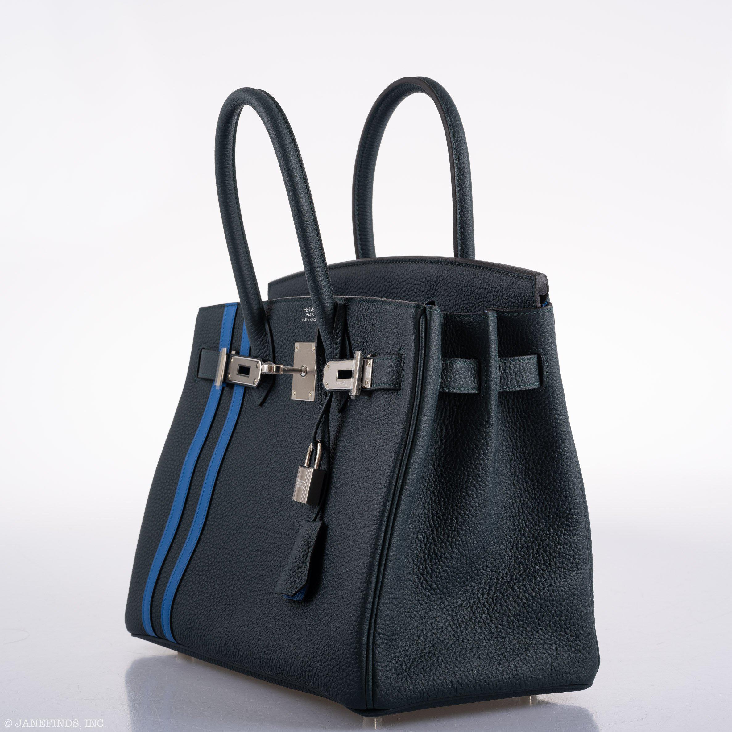 Hermes Birkin 30 Officier Vert Cyprès Togo & Bleu Zellige Stripe & Lining Palladium Hardware - 2018, C - Exclusu