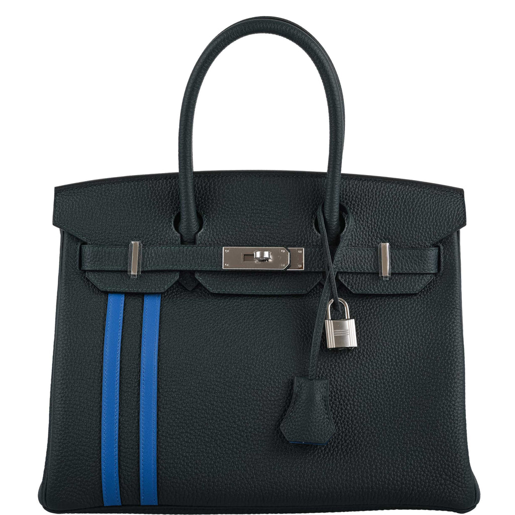 Hermes Birkin 30 Officier Vert Cyprès Togo & Bleu Zellige Stripe & Lining Palladium Hardware - 2018, C - Exclusu