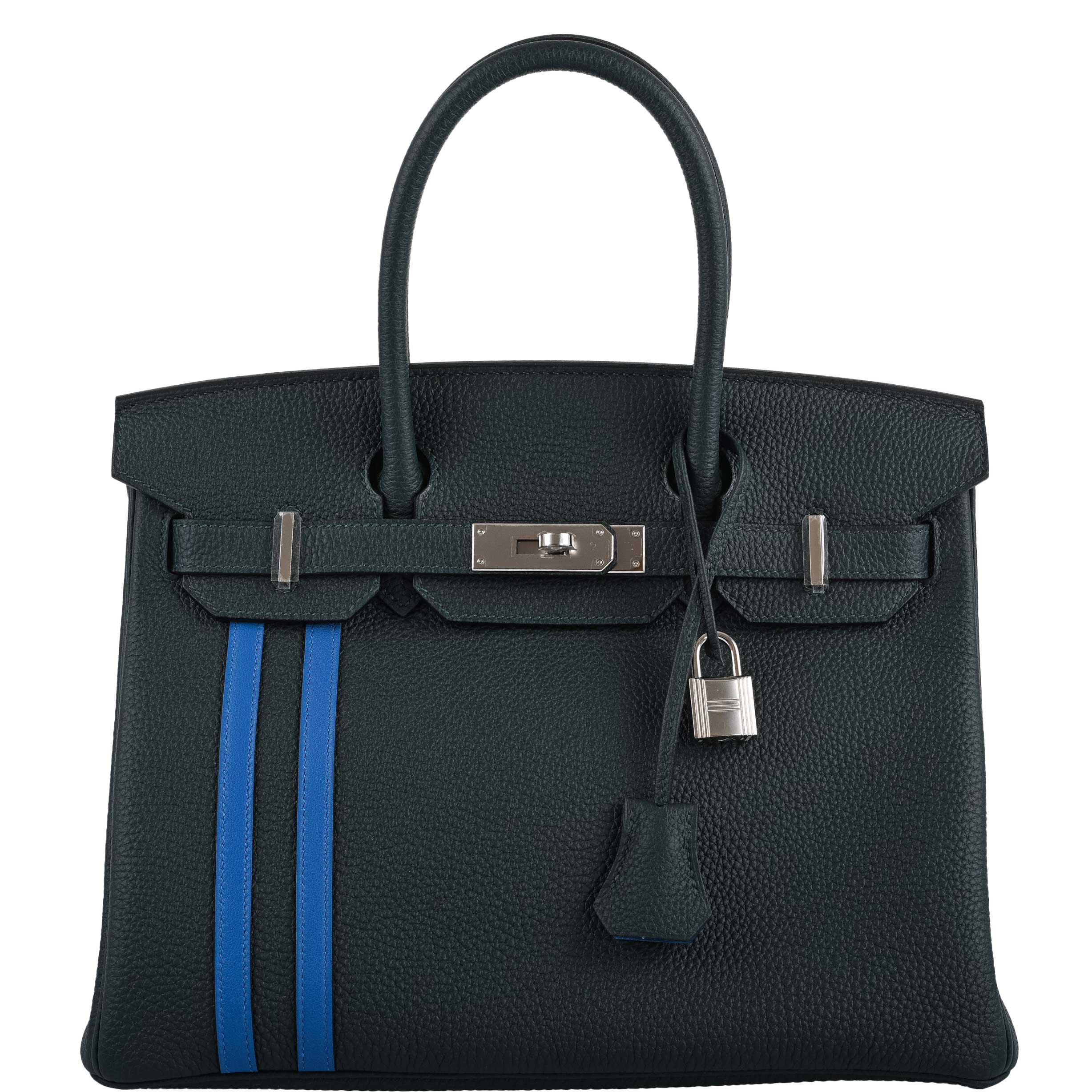 Hermes Birkin 30 Officier Vert Cyprès Togo & Bleu Zellige Stripe & Lining Palladium Hardware - 2018, C - Exclusu