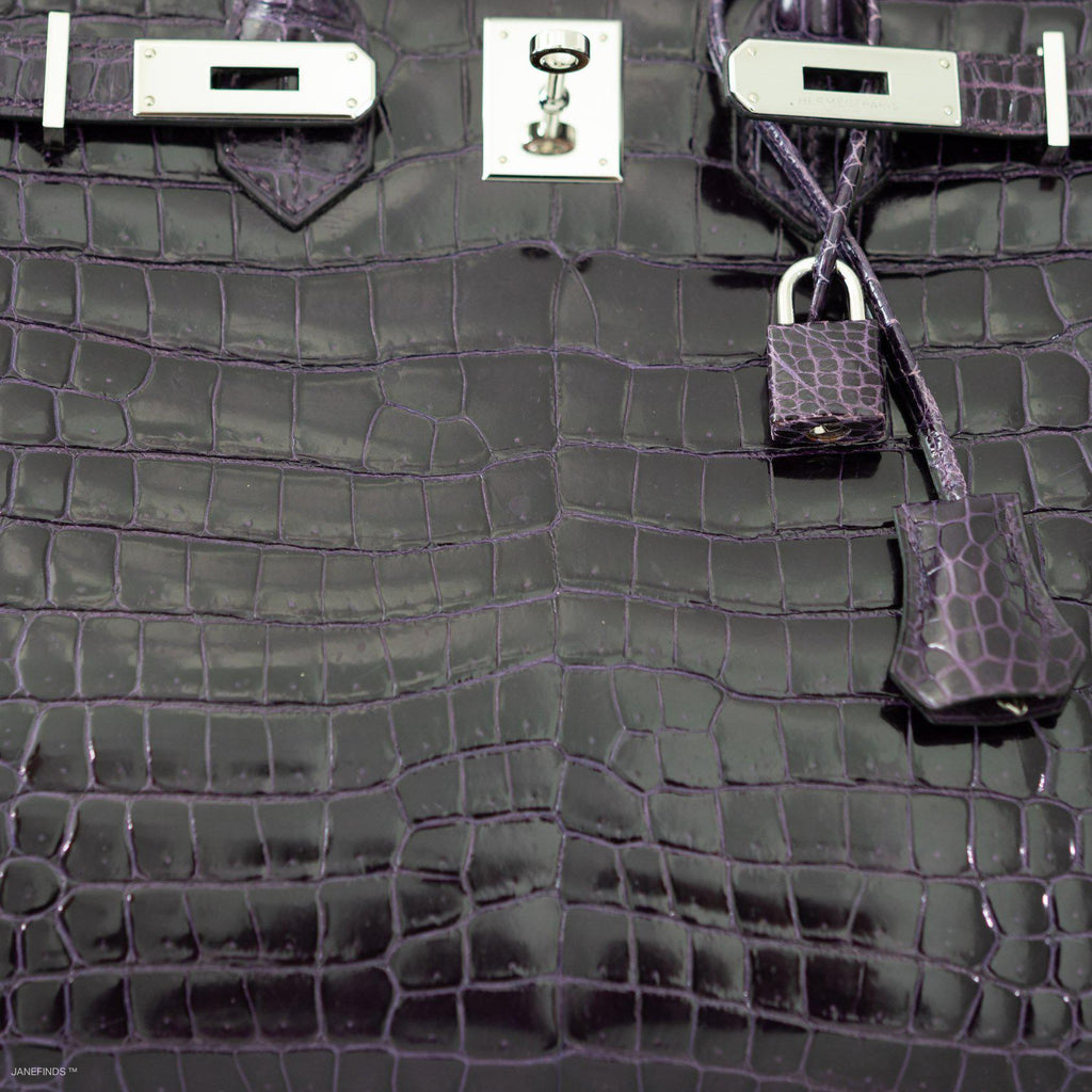 Hermes Birkin 35 Amethyst Porosus Crocodile with Palladium Hardware - 2009, M Square - Exclusu