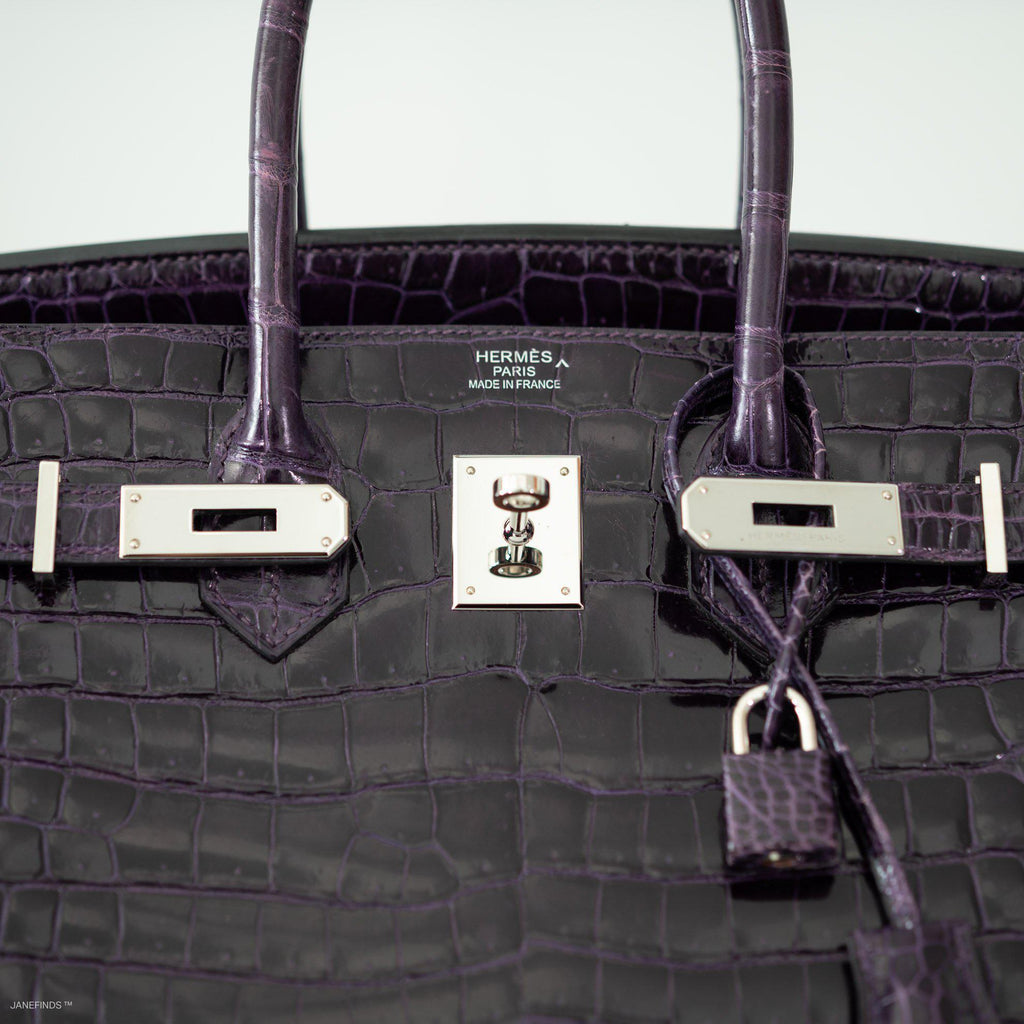 Hermes Birkin 35 Amethyst Porosus Crocodile with Palladium Hardware - 2009, M Square - Exclusu