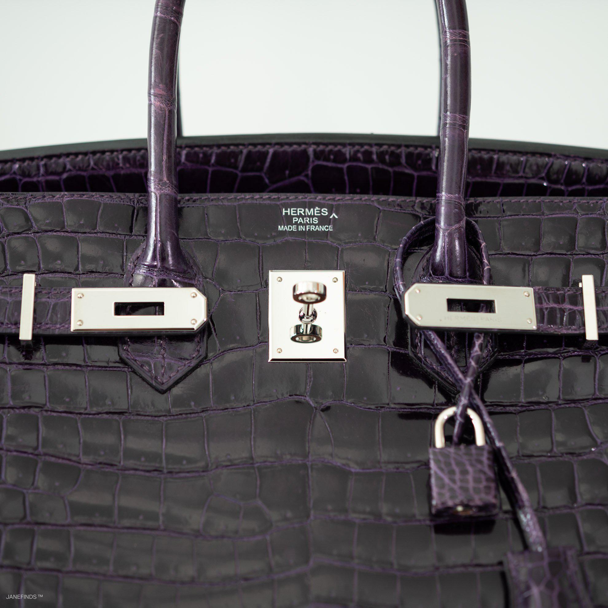 Hermes Birkin 35 Amethyst Porosus Crocodile with Palladium Hardware - 2009, M Square - Exclusu
