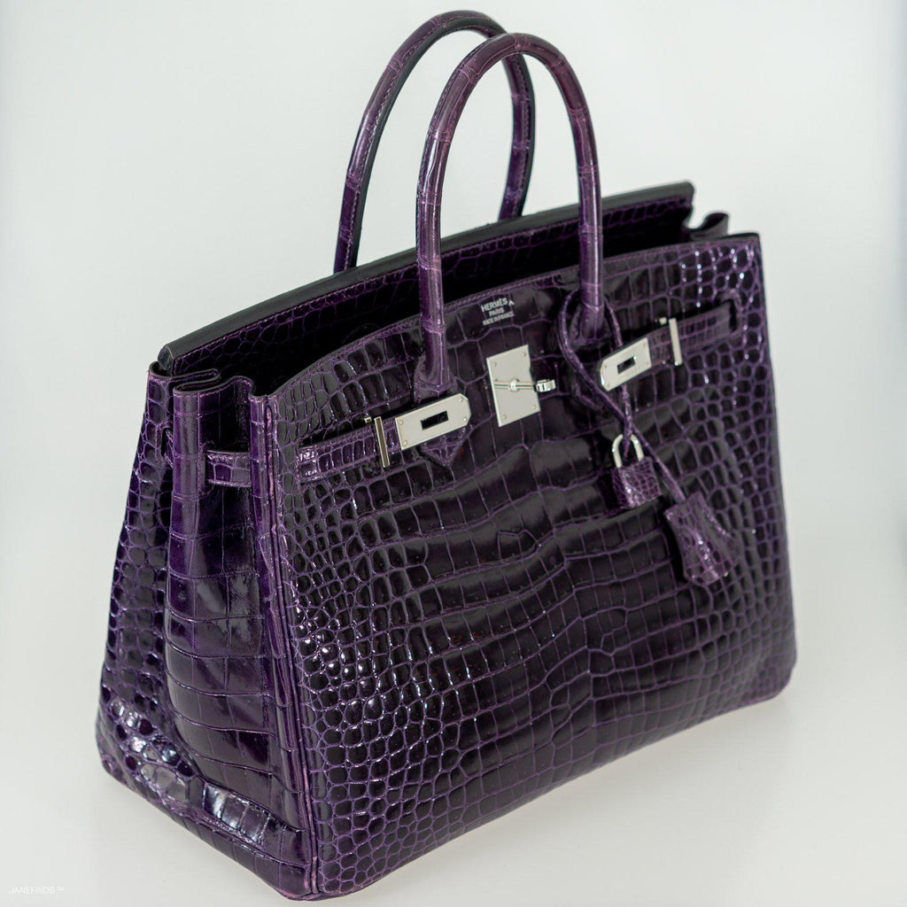Hermes Birkin 35 Amethyst Porosus Crocodile with Palladium Hardware - 2009, M Square - Exclusu