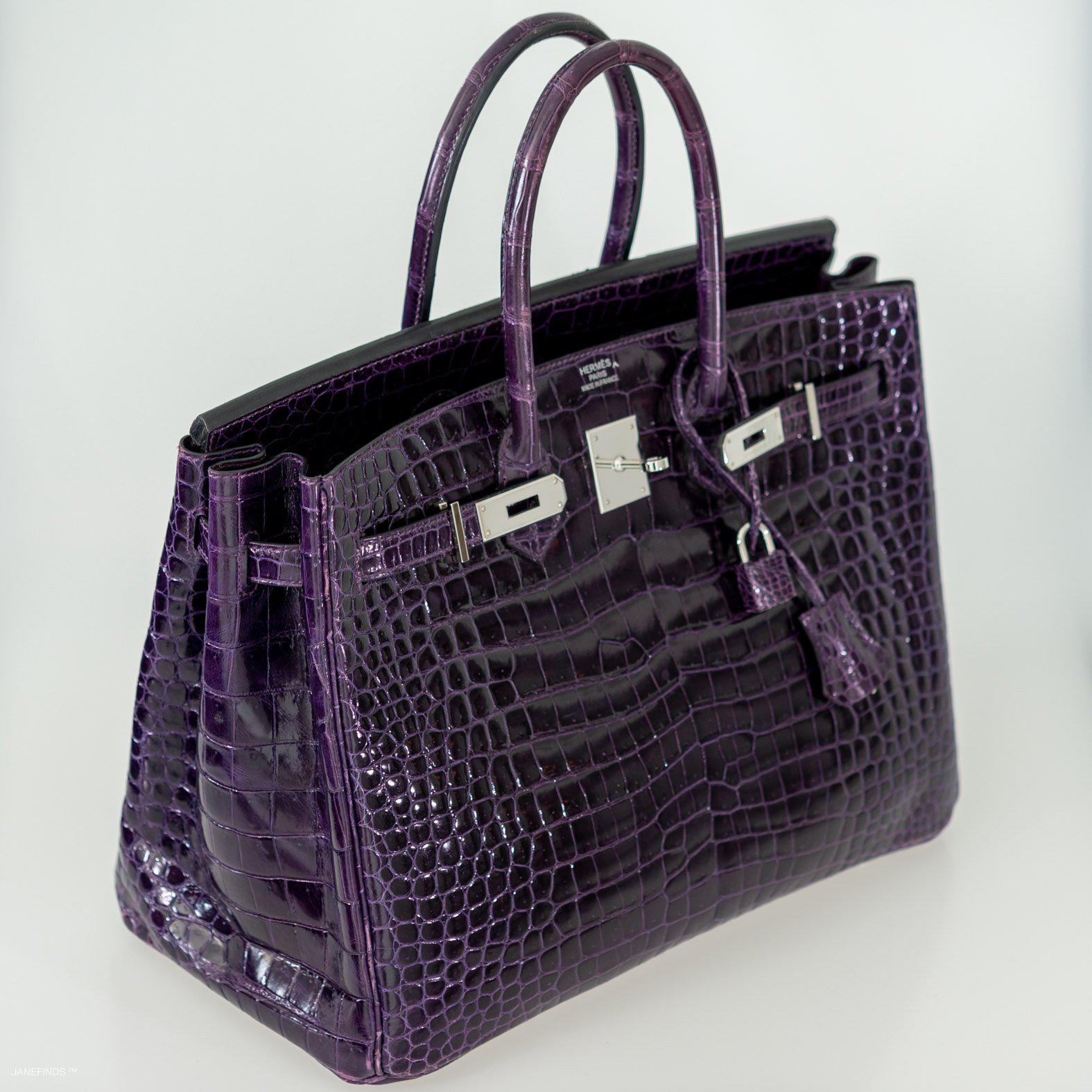Hermes Birkin 35 Amethyst Porosus Crocodile with Palladium Hardware - 2009, M Square - Exclusu