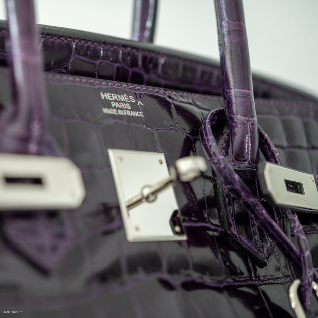 Hermes Birkin 35 Amethyst Porosus Crocodile with Palladium Hardware - 2009, M Square - Exclusu