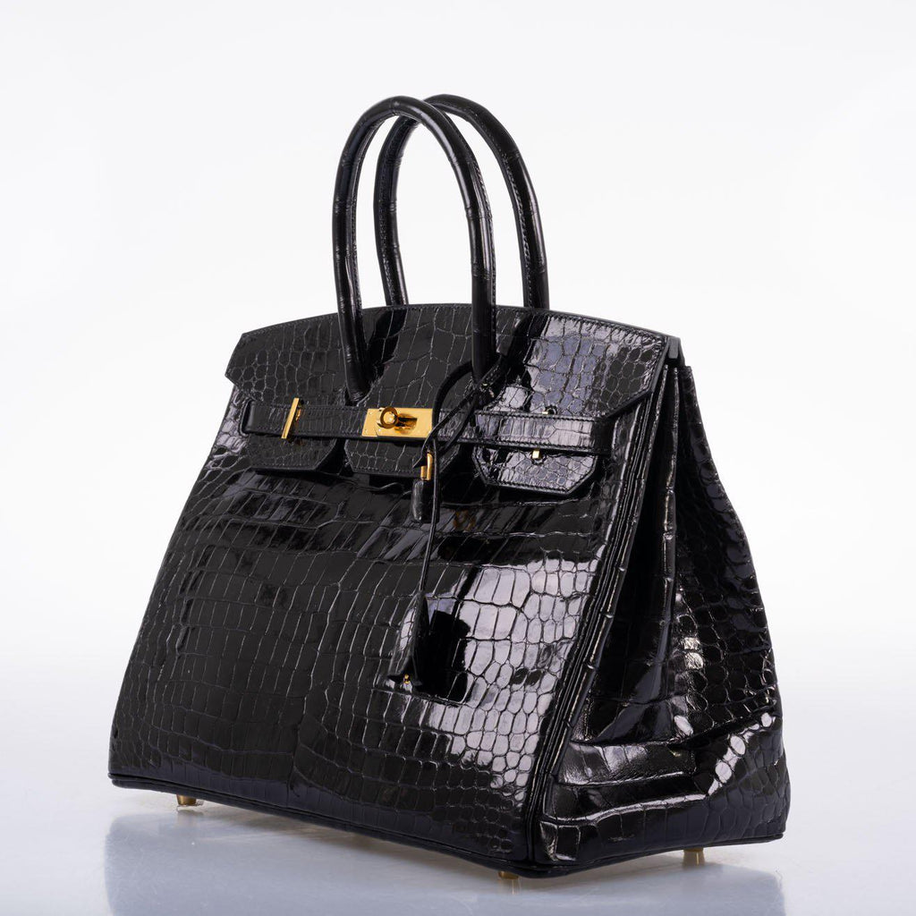 Hermes Birkin 35 Black Shiny Porosus Crocodile with Gold Hardware - 2017, A - Exclusu
