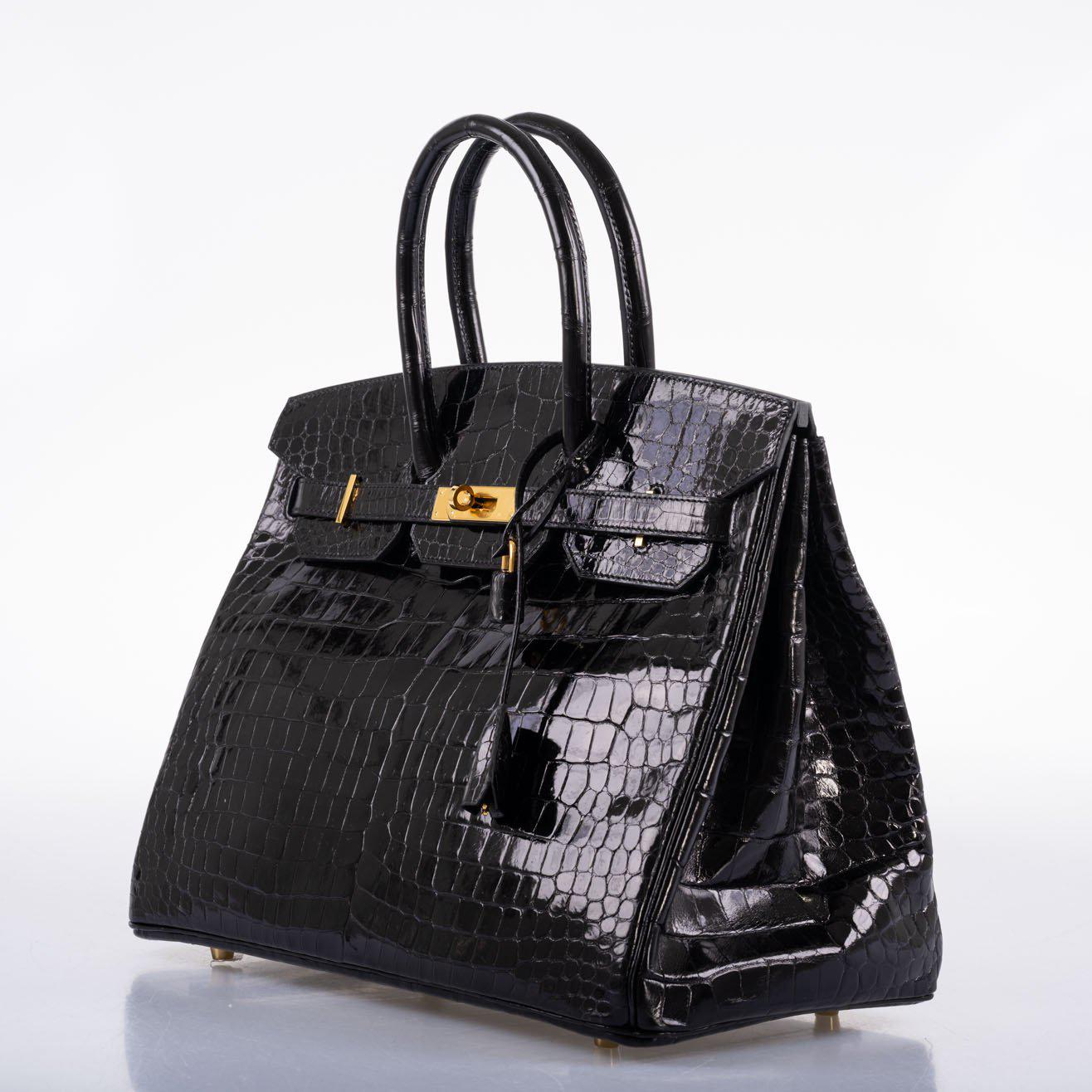 Hermes Birkin 35 Black Shiny Porosus Crocodile with Gold Hardware - 2017, A - Exclusu
