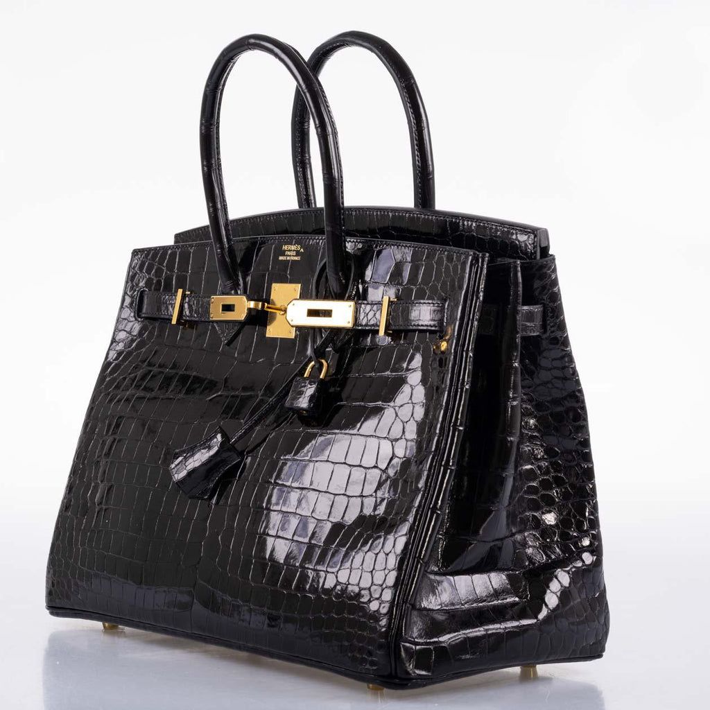Hermes Birkin 35 Black Shiny Porosus Crocodile with Gold Hardware - 2017, A - Exclusu