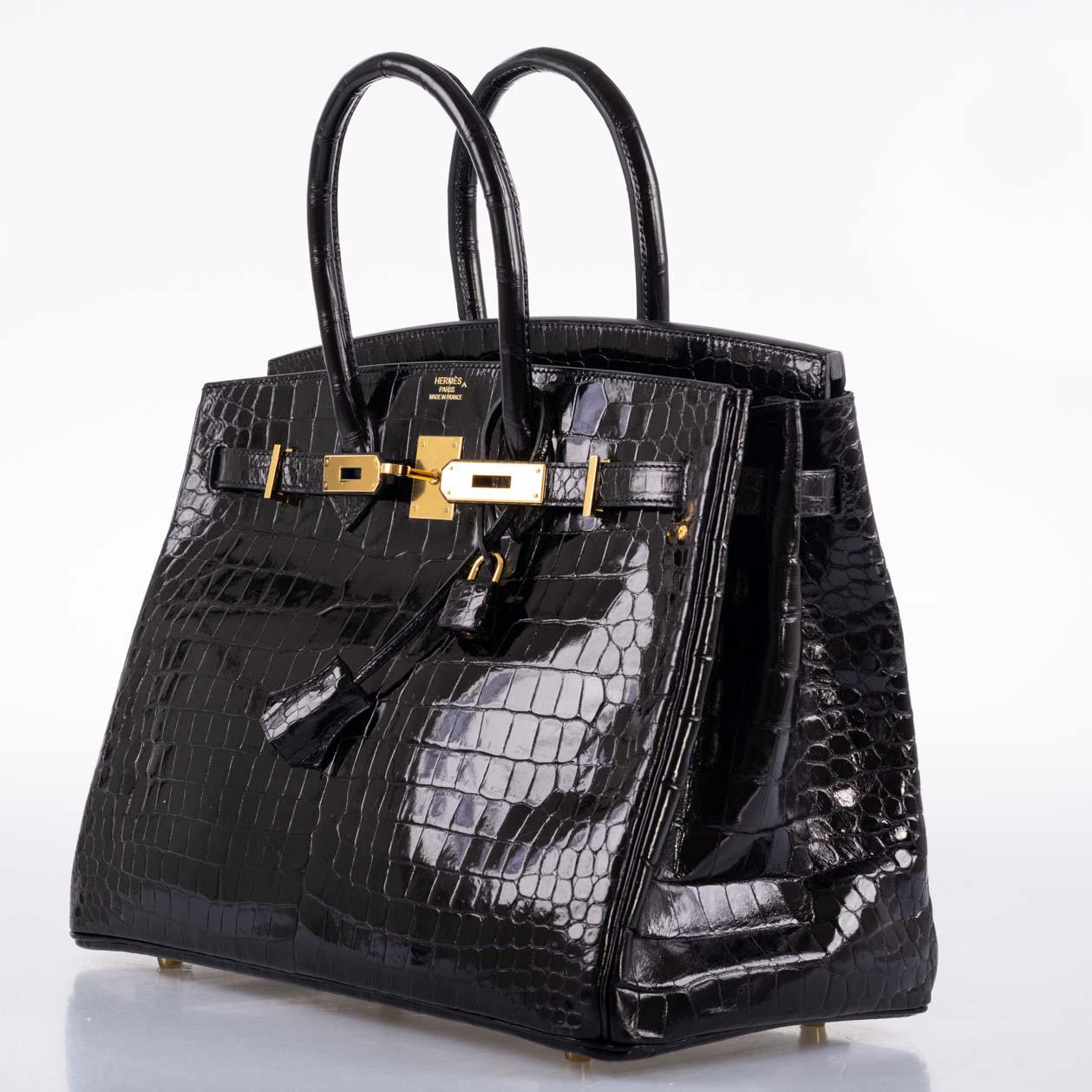 Hermes Birkin 35 Black Shiny Porosus Crocodile with Gold Hardware - 2017, A - Exclusu