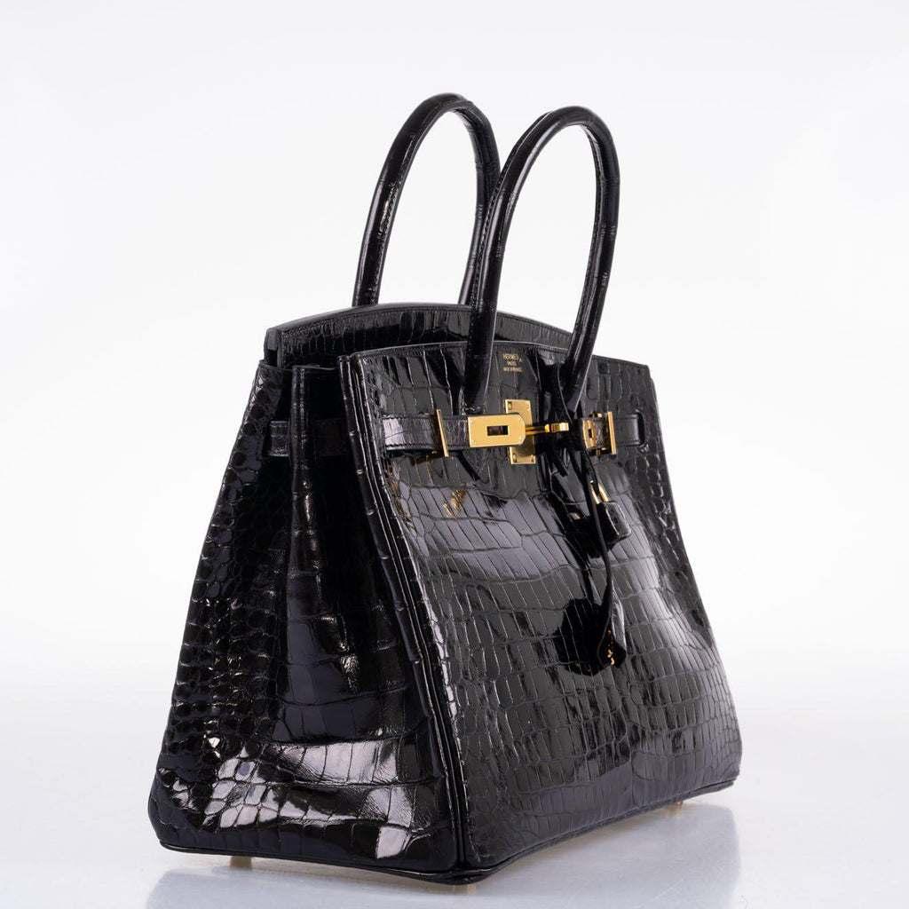 Hermes Birkin 35 Black Shiny Porosus Crocodile with Gold Hardware - 2017, A - Exclusu