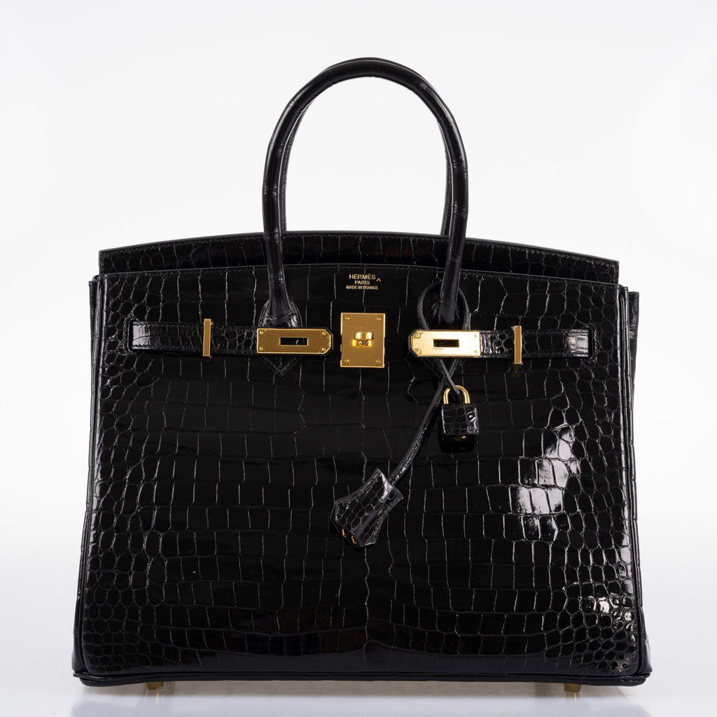 Hermes Birkin 35 Black Shiny Porosus Crocodile with Gold Hardware - 2017, A - Exclusu