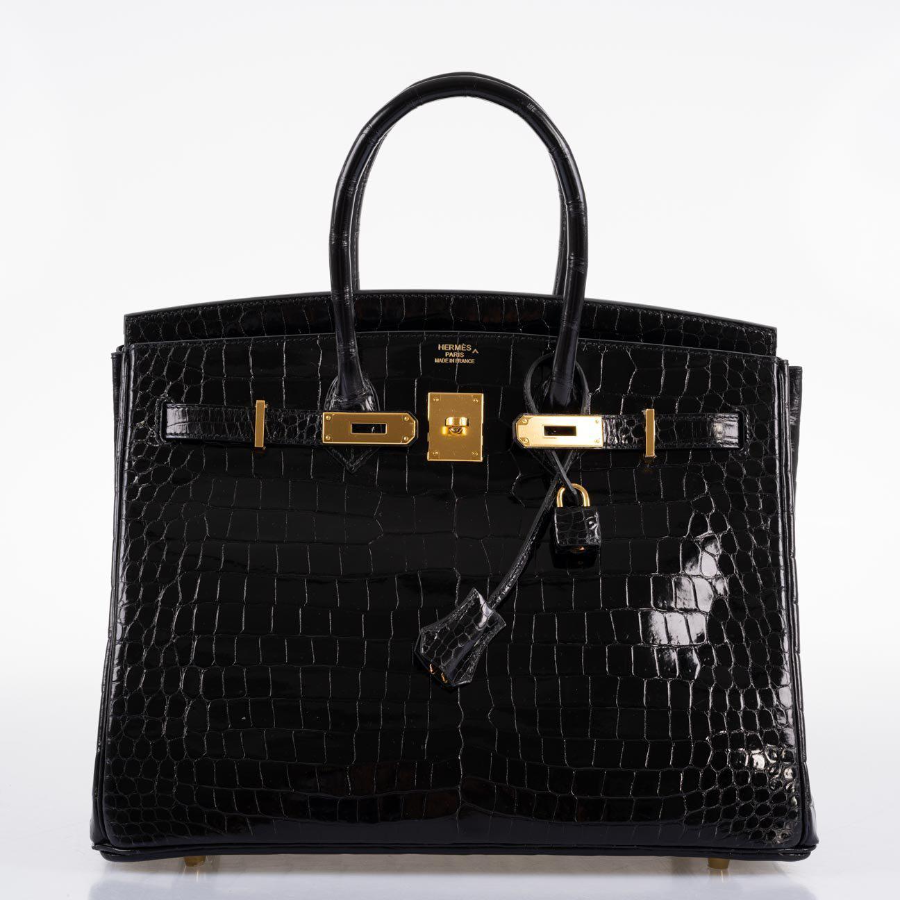 Hermes Birkin 35 Black Shiny Porosus Crocodile with Gold Hardware - 2017, A - Exclusu
