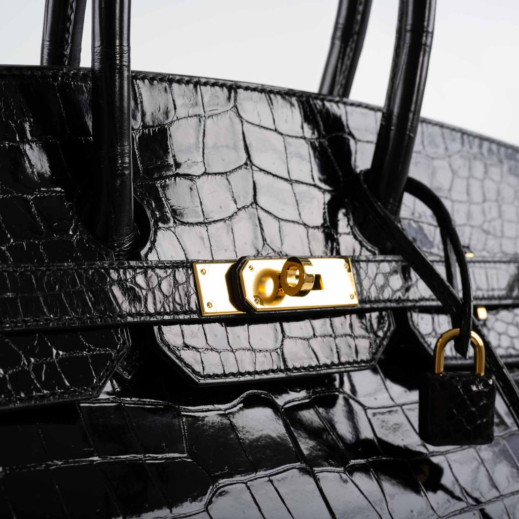 Hermes Birkin 35 Black Shiny Porosus Crocodile with Gold Hardware - 2017, A - Exclusu