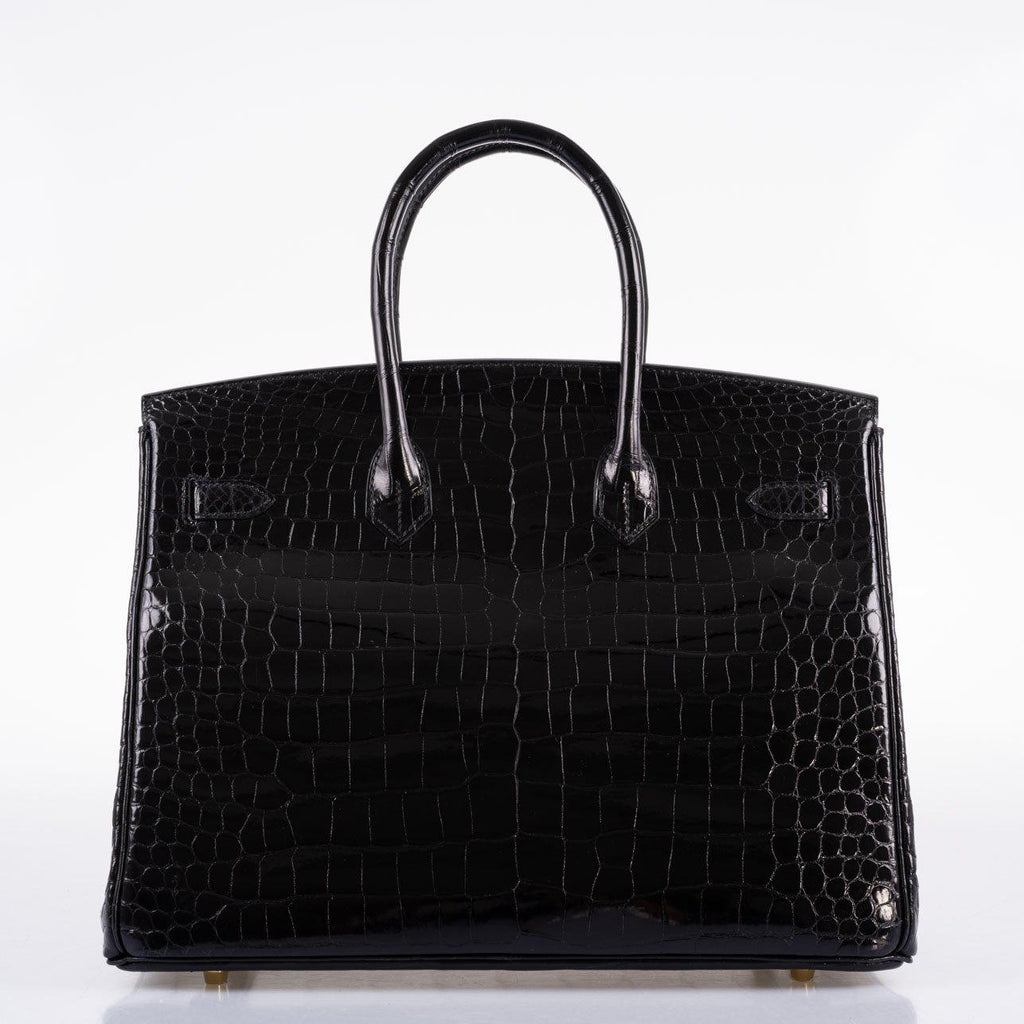 Hermes Birkin 35 Black Shiny Porosus Crocodile with Gold Hardware - 2017, A - Exclusu